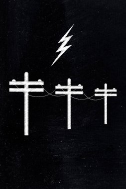 Elektrik direkleri ve şimşeklerin minimalist çizimi elektrik kesintisini, enerji şebekesi arızasını ve bilinç kaybı krizini simgeliyor.