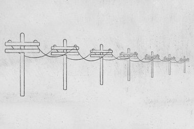 Elektrik, altyapı ve güç sistemlerini temsil eden elektrik direkleri ve ızgara hatlarının çizimi