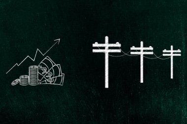 Para ikonuna sahip elektrik direkleri, artan enerji talebini, artan elektrik maliyetlerini ve enflasyonu temsil ediyor..