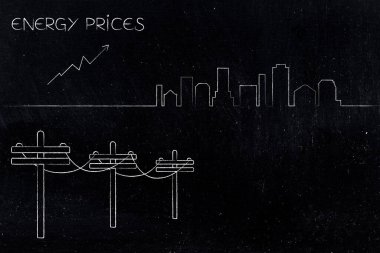 Şehrin yukarı doğru yükselen oklu elektrik direkleri, artan enerji talebini, artan elektrik maliyetlerini ve enflasyonu temsil ediyor..