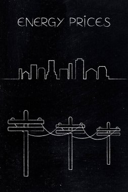 Şehir silueti olan elektrik direkleri, artan enerji talebini, artan elektrik maliyetlerini ve enflasyonu temsil ediyor..
