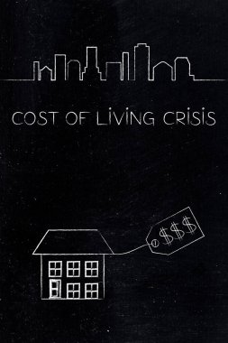 Yaşama maliyeti ve enflasyon yükseliyor, bir şehir silueti ve konut evlerinin yer aldığı illüstrasyon