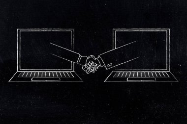 Laptoplarda el sıkışma, yapay zeka ve insan işbirliği, karatahta tarzı illüstrasyon