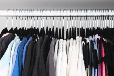 Birbirine uyumlu askıları ve tişörtleri, tişörtleri, kazakları, ev temasını içeren renklendirilmiş tişörtleri olan düzenli bir gardırop.