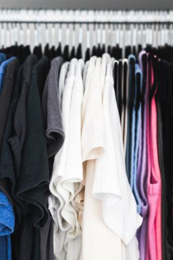 Birbirine uyumlu askıları ve tişörtleri, tişörtleri, kazakları, ev temasını içeren renklendirilmiş tişörtleri olan düzenli bir gardırop.