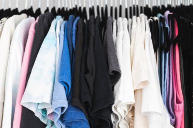 Birbirine uyumlu askıları ve tişörtleri, tişörtleri, kazakları, ev temasını içeren renklendirilmiş tişörtleri olan düzenli bir gardırop.