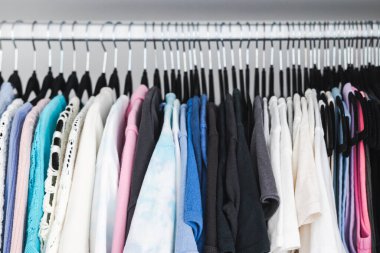 Birbirine uyumlu askıları ve tişörtleri, tişörtleri, kazakları, ev temasını içeren renklendirilmiş tişörtleri olan düzenli bir gardırop.