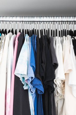 Birbirine uyumlu askıları ve tişörtleri, tişörtleri, kazakları, ev temasını içeren renklendirilmiş tişörtleri olan düzenli bir gardırop.