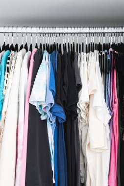 Birbirine uyumlu askıları ve tişörtleri, tişörtleri, kazakları, ev temasını içeren renklendirilmiş tişörtleri olan düzenli bir gardırop.