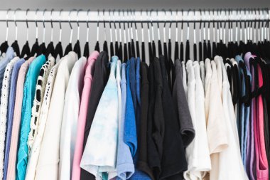 Birbirine uyumlu askıları ve tişörtleri, tişörtleri, kazakları, ev temasını içeren renklendirilmiş tişörtleri olan düzenli bir gardırop.