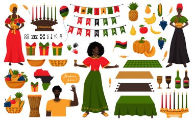 Afrika-Amerika tatili Kwanzaa için dekoratif öğeler seti. Elbise giyen kadınlar, Candleholder, Kinara, meyveler, hediye kutuları, mkeka, davul, bardak, şişe, prensip belirtileri. İzole vektör illüstrasyonu