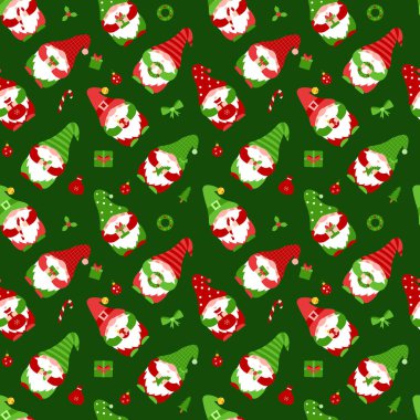 Kusursuz desenli, şapkalı cüceler. Noel hediyesi, şeker, Noel balosu taşıyan sevimli elf karakterleri. Kumaş, duvar kağıdı ve ambalaj kağıdı için düz vektör elementleri. Koyu yeşil üzerinde Noel cüceleri