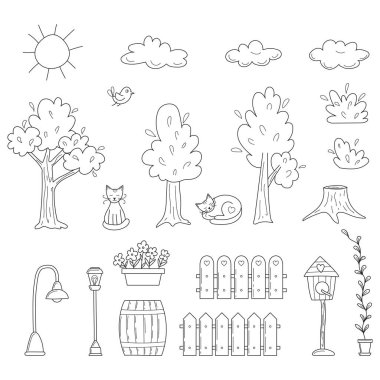 Taslak ağaçlar, bulutlar, kediler, çizim tarzında çalılar. Beyaz arka planda izole edilmiş elle çizilmiş siyah ve beyaz vektör çizimleri koleksiyonu.