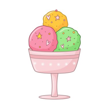 Dondurma pembesi ve kar taneli krema kasesine serpiştirilmiş yeşil toplar. Sütlü soğuk tatlı. Mevsimlik tatlı yiyecekler. Renkli karalama elle çizilmiş vektör çizimi beyaza izole edilmiş. Çizgi film biçimi