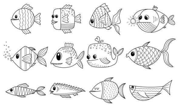 Zestaw Narysowanych Ręcznie Komiksowych Ryb Cute Śmieszne Abstrakcyjne Ryby Dla — Wektor stockowy