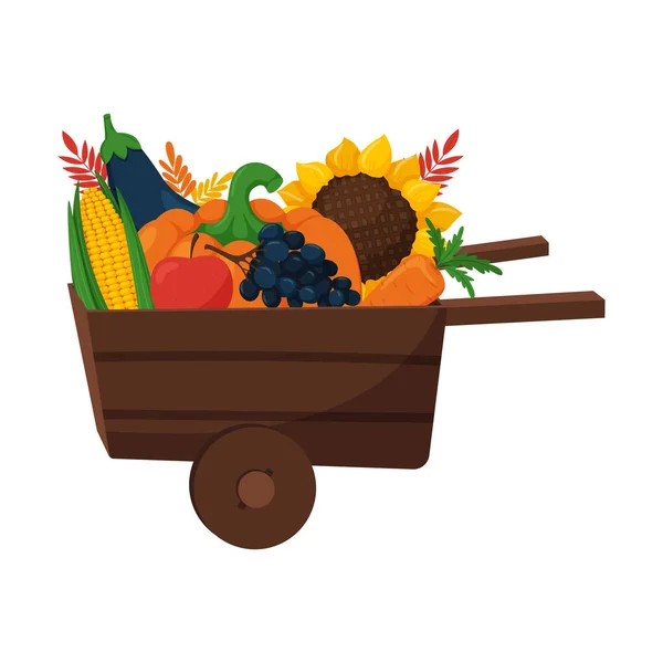Egy Kerti Talicska Tele Gyümölcsökkel Zöldségekkel Vektorillusztráció Őszi Szüreti Fesztiválra — Stock Vector