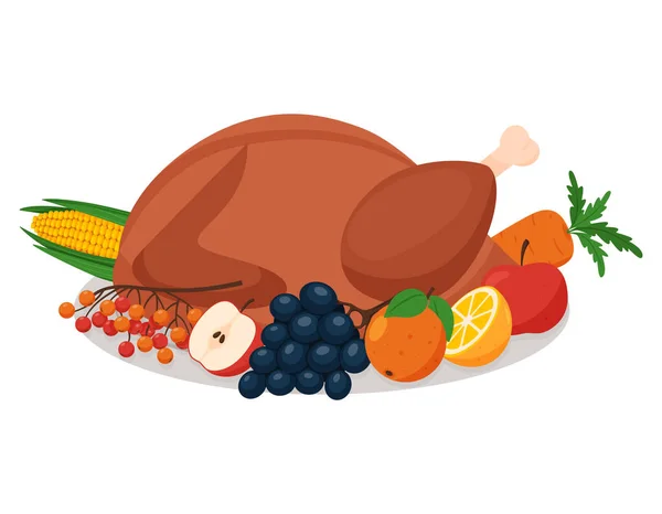 果物や野菜で飾られたプレート上のロースト七面鳥や鶏 感謝祭のシンボル 料理のグリル肉料理 白い背景に独立したベクターイラスト — ストックベクタ