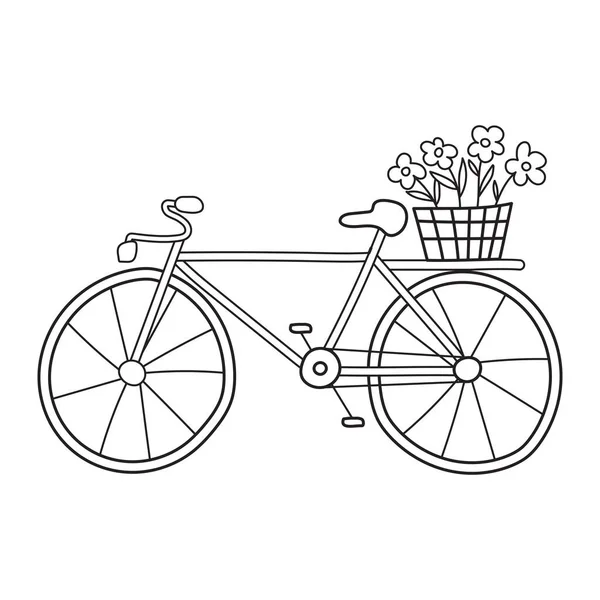 スケッチの人形のスタイルで花のバスケットと二輪自転車 都市交通だ 白地に黒と白のベクトルイラストを描いた手描き — ストックベクタ