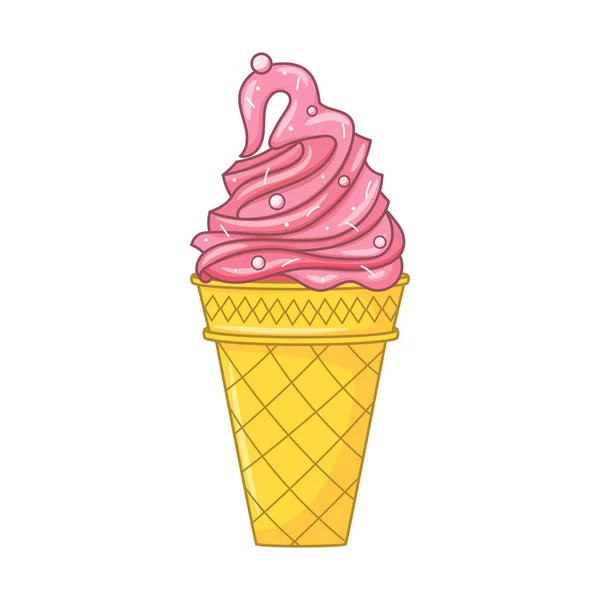 Rózsaszín Jégkrém Egy Gofri Tölcsérben Cukormázzal Élénk Nyári Édes Étel — Stock Vector