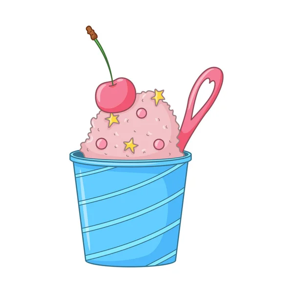 粉红雪糕配上洒水樱桃和可爱的勺子乳制品冷甜点 季节性甜食 彩色涂鸦手绘矢量图 在白色背景上孤立 卡通风格 — 图库矢量图片