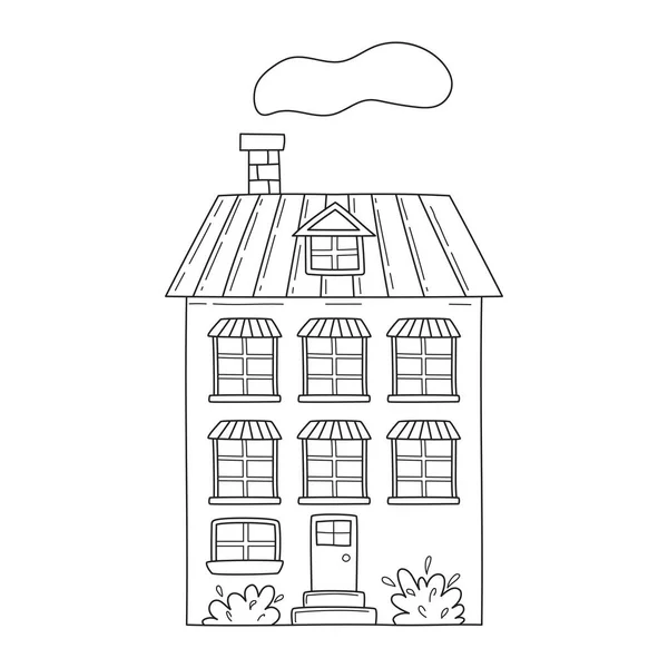 スケッチのドアスタイルでかわいいシンプルな3階建ての家 白地に黒と白のベクトルイラストを描いた手描き — ストックベクタ