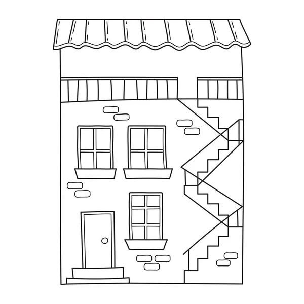 レンガの壁とスケッチのドアのスタイルで階段を持つシンプルな2階建ての家 白地に黒と白のベクトルイラストを描いた手描き — ストックベクタ