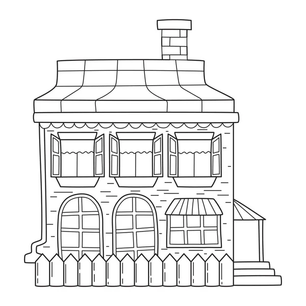2階建てのシンプルな建物で ポーチ フェンス 煙突がスケッチのドアスタイルです 白地に黒と白のベクトルイラストを描いた手描き — ストックベクタ