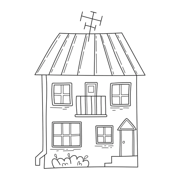 アンテナ ブッシュとスケッチドアスタイルのバルコニー付きのシンプルな家 白地に黒と白のベクトルイラストを描いた手描き — ストックベクタ