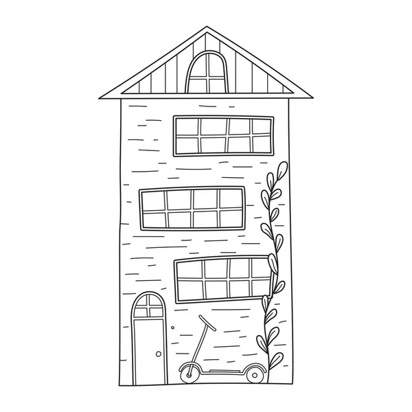 かわいい3階建ての家とスケッチドアのスタイルでスクーター 手描き白を基調とした黒と白のベクトルイラスト — ストックベクタ