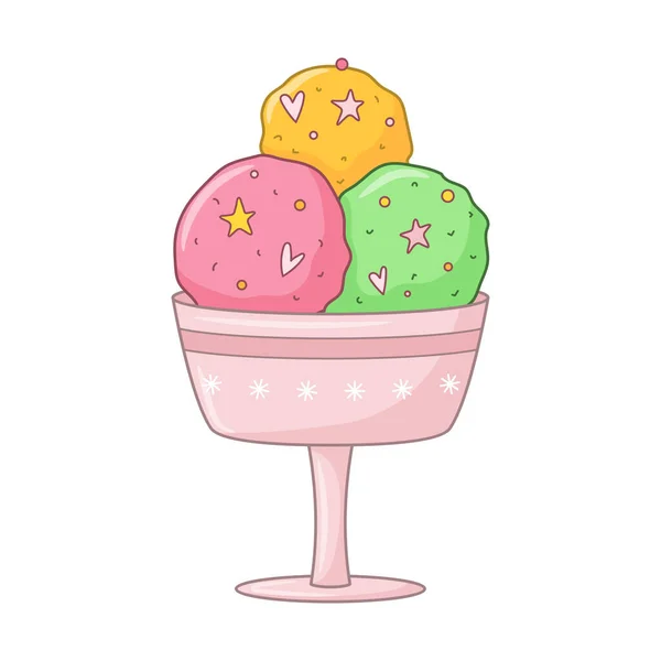 Ice Cream Pink Green Balls Sprinkles Cream Bowl Snowflakes Dairy — Stock Vector