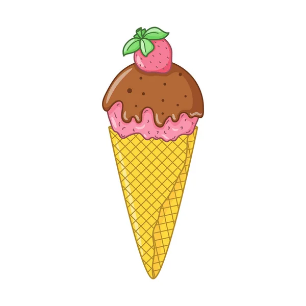 在松饼筒中加入巧克力釉料和草莓的粉红色冰淇淋 明媚的夏季甜食 美味的冷冻甜点 矢量彩色涂鸦手绘插图孤立在白色 卡通风格 — 图库矢量图片