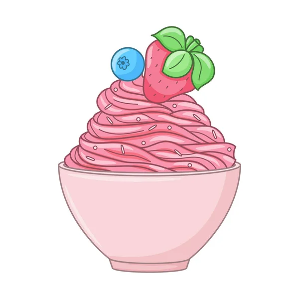 把冰淇淋倒入碗中 奶油冷甜点与草莓和蓝莓 季节性甜食 彩色涂鸦手绘矢量图解隔离在白色背景上 卡通风格 — 图库矢量图片
