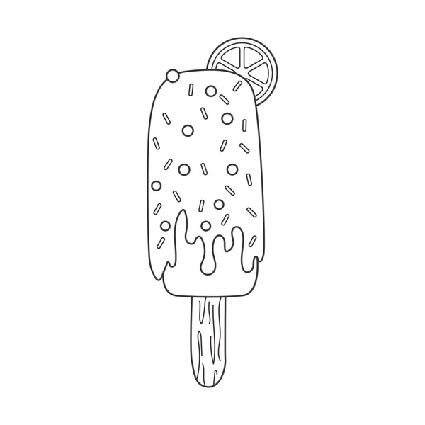 用一片柑橘 釉料和洒水在手杖上勾勒出冰棒的轮廓 乳制品冷甜点 季节性甜食 黑白涂鸦手绘矢量图 在白色上孤立 — 图库矢量图片