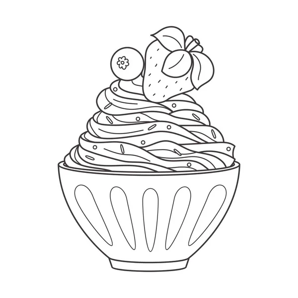 Контур Взбитые Мороженое Миске Молочный Холодный Десерт Клубникой Черникой Сезонная — стоковый вектор