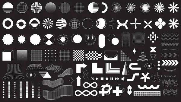 Bir takım grafik elementler. Bauhaus ve vahşet tarzından esinlenilmiştir. Vektör soyut doğrusal elementler ve kalın geometrik şekiller. Posterler, el ilanları, kapaklar, web tasarımı için harika. Geçmişe dönük gelecekçilik şekilleri. Vektör