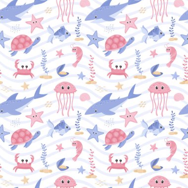 Köpek balığı, kaplumbağa, balık, yengeç ve karidesle kusursuz desen. Şirin okyanus karakterleri. Su altı deniz hayvanları, algler ve musseller. Mavi dalgalı çizgili beyaz bir arka planda vektör çizimi.