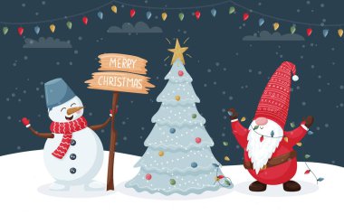 Üzerinde çelenk olan sevimli, güler yüzlü bir cüce ve Mutlu Noeller tabelası olan bir kardan adam Noel ağacını süslüyor. Düz çizgi film karakterleriyle koyu arkaplan üzerinde renk vektörü çizimi