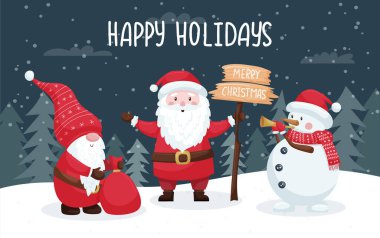 Karlı bir ormanda sevimli gülümseyen karakterlerin olduğu bir Noel kartı. Noel baba, kardan adam ve hediyeli cüce iyi tatiller diler. Düz çizgi film karakterleriyle koyu arkaplan üzerinde renk vektörü çizimi