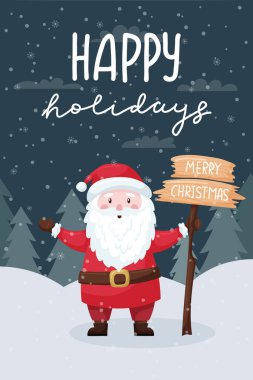 Noel tebrik kartı. Noel Baba 'nın elinde üzerinde 