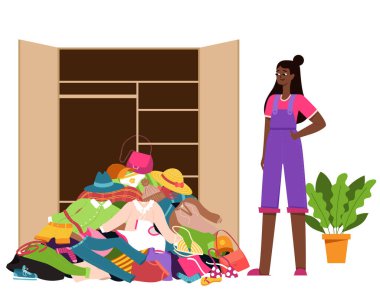 A black girl in slippers, an empty wardrobe and a pile of clothes that fell out of the closet. A mess, a cluttered wardrobe. Color vector illustration of isolated on a white background clipart