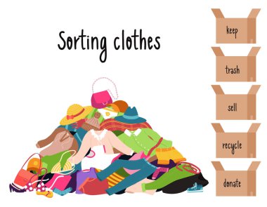 Sorting clothes. A pile of clothes lying randomly on the floor. Boxes with inscriptions - donate, sell, keep, trash, recycle. Color vector illustration of isolated on a white background clipart