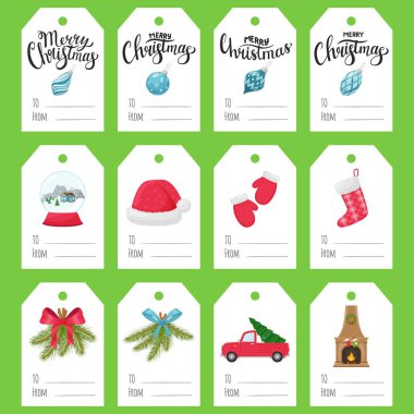 Noel hediyeleri için etiketler. Yeni yıl unsurları olan etiketler. Eldivenler, Noel Baba şapkası, Noel ağacı, şömine ve el yazması Mutlu Noeller. Beyaz arkaplanda vektör illüstrasyonu