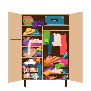 An open closet littered with clothes. A mess, a cluttered wardrobe with jeans, dress, suitcase. Reasonable consumption, cluttering, sorting of clothes. Color vector illustration on a white background clipart
