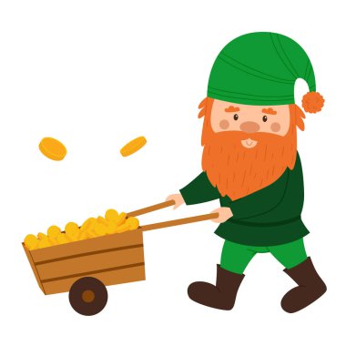 Kırmızı sakallı ve yeşil çizgili şapkalı küçük bir cüce altın sikkelerle dolu bir arabayı sürüyor. Küçük şanslı bir cücenin olduğu bir kartpostal. Lucky Card ve Whit 'te sevimli bir çizgi film karakteri.