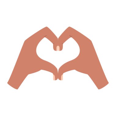 İnsan eli parmaklarıyla bir kalbin şeklini tasvir eder. Aşk jesti, romantizm. Beyaz arkaplanda izole edilmiş renk vektörü illüstrasyonu.