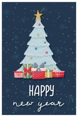 Noel tebrik kartı. Yıldızla süslenmiş Noel ağacı ve kar taneleriyle süslenmiş koyu bir arka planda hediyeler. El yazısı - Mutlu yıllar. Sevimli düz çizgi film karakteri. Renk vektörü illüstrasyonu.vvv