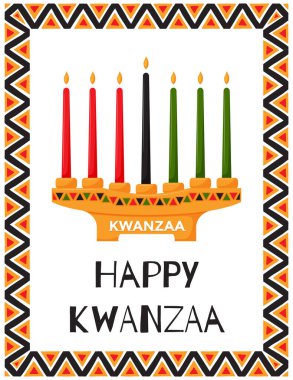 Mutlu Kwanzaa 'lar. Geleneksel mum tutacağı olan tebrik kartı Kinara, Kwanzaa 'nın prensiplerini sembolize ediyor. Afrika üçgeni desenli çerçeve. Beyaz üzerine renk vektörü illüstrasyonu