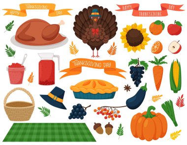 Şükran Günü sembollü elementler. Hindi, sepet, balkabağı turtası, ayçiçeği, meyve, sebze ve şenlikli bir kurdele. Çizgi film vektör çizimi beyaz arkaplanda izole edildi.