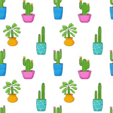 Farklı kaktüslerle kusursuz desenler, parlak saksıda sulu bitkiler. Cacti çizgi filmi. Ev bitkilerinin el çizimi geçmişi. Beyaz arkaplanda vektör illüstrasyonu