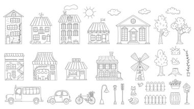 Taslak evler, binalar, kafe, değirmen, ağaçlar, çizim tarzında araçlar. Çocuk tasarımı koleksiyonu. Beyaz arka planda izole edilmiş el çizimi siyah beyaz vektör çizimleri.